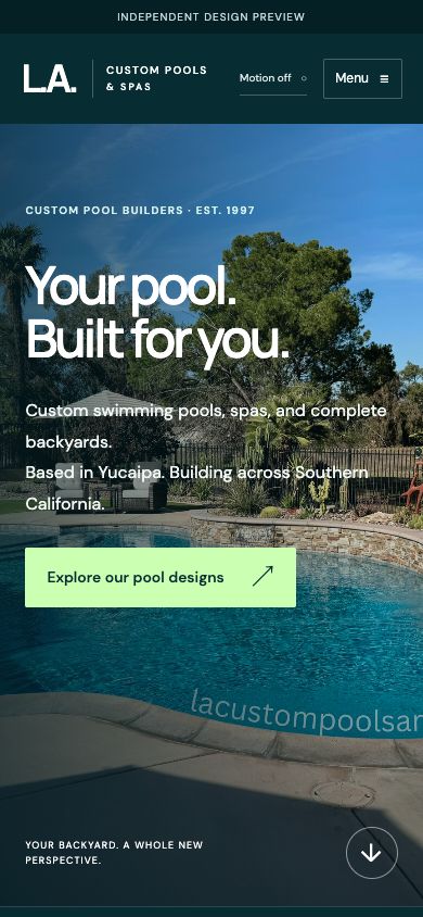 Mobile version of the same independent L.A. Custom Pools design concept