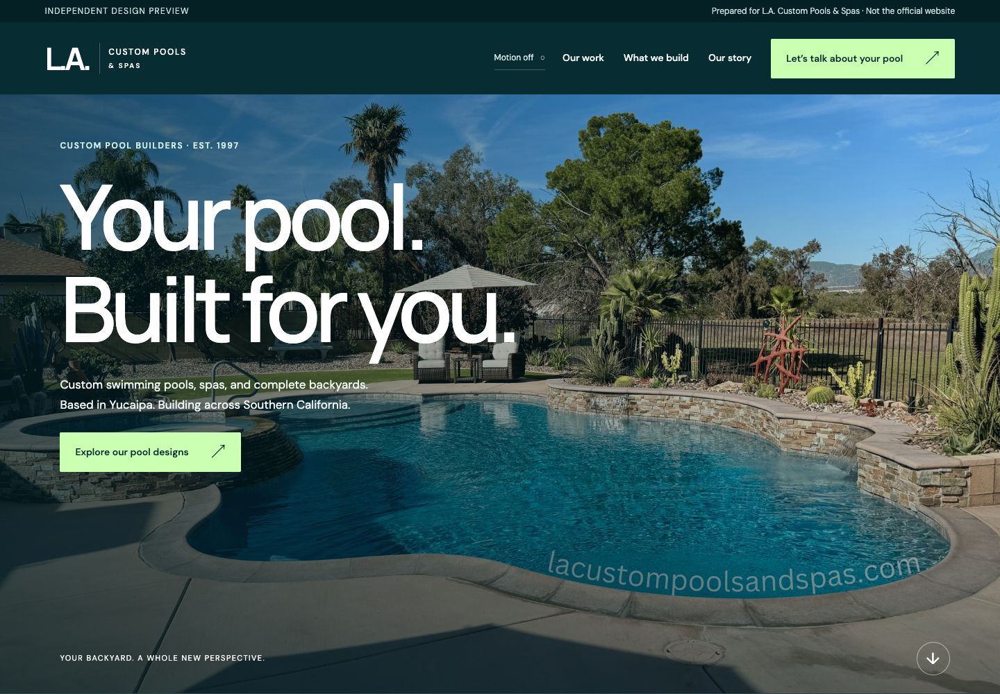 L.A. Custom Pools website design concept showing an architectural pool and modern typography